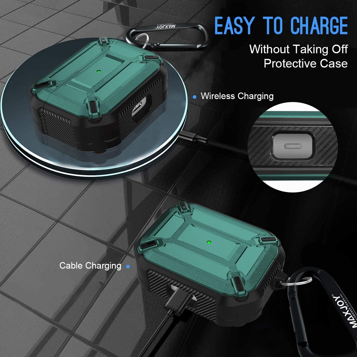 Compatible Airpods Pro Case Cover, Airpods Pro Protective Case Armor Hard Rugged Shockproof Cover with Keychain Compatible with Apple Airpods Pro Charging Case (Front LED Visible), Green